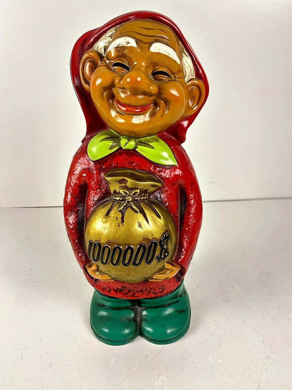 Vintage Napco Pixie Red & Green Figurine Bank With Money Bag 10.75โ Height